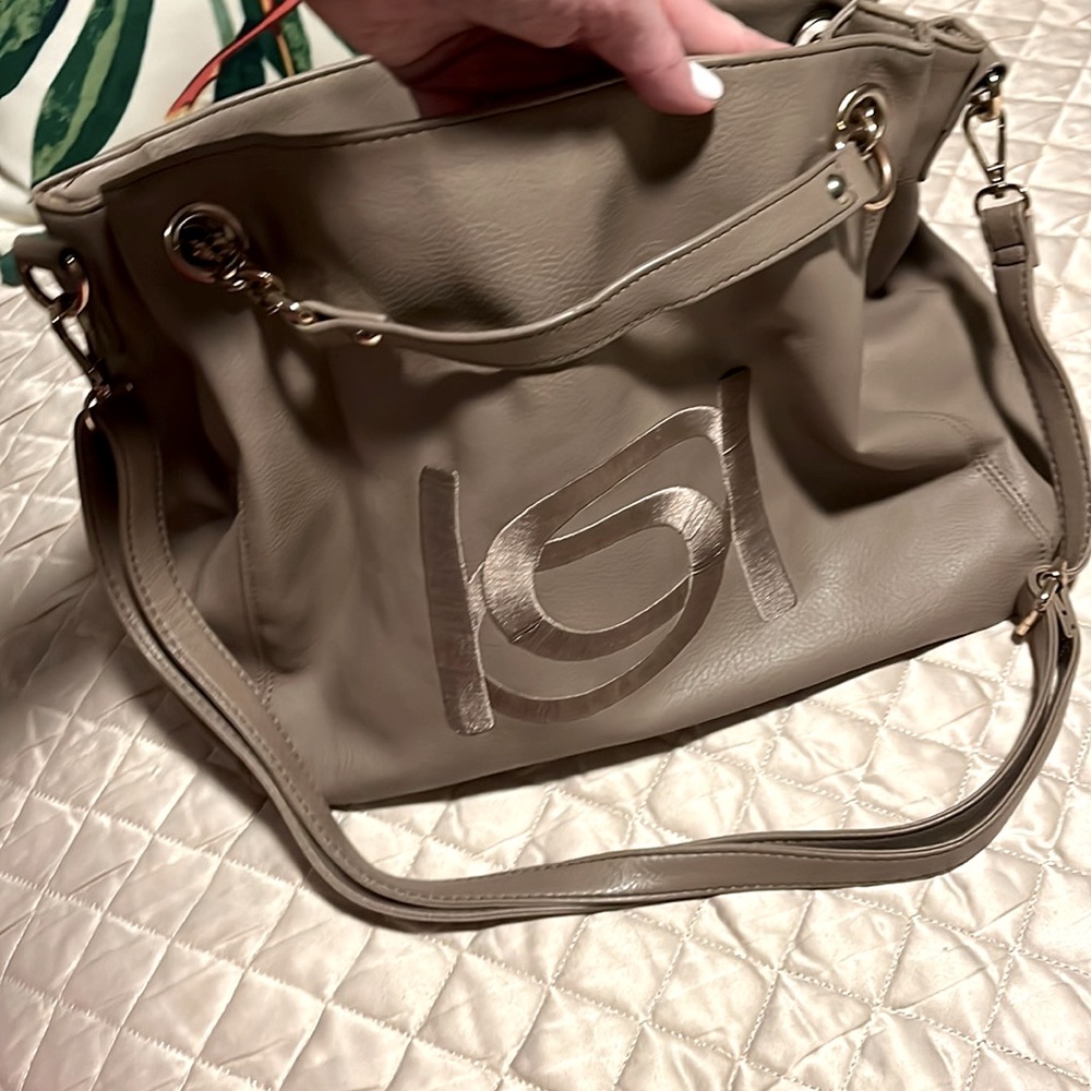 bebe Tan Leather Shoulder Bag with Gold Chains